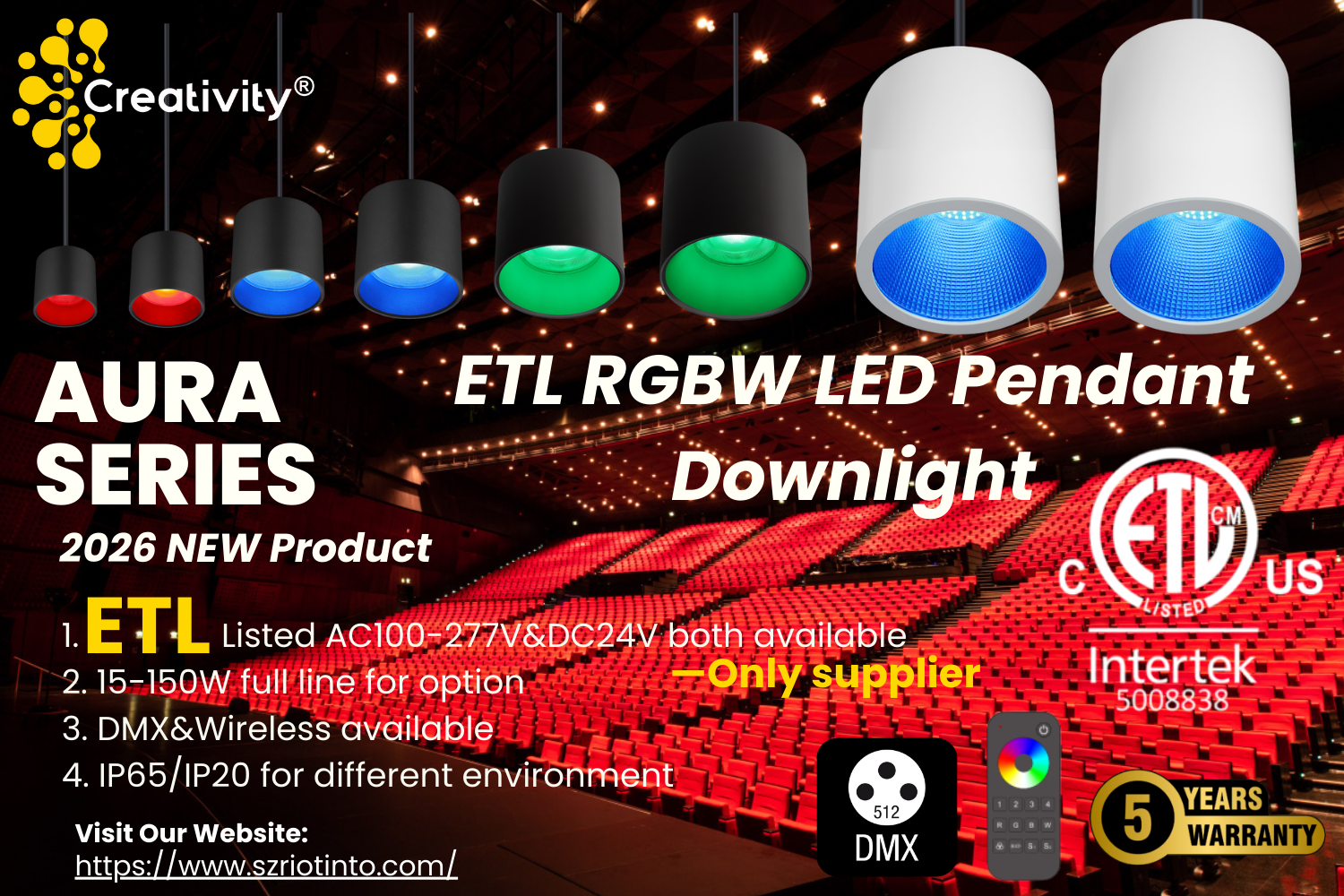ETL Listed RGBW Pendant Downlight for Event Venues