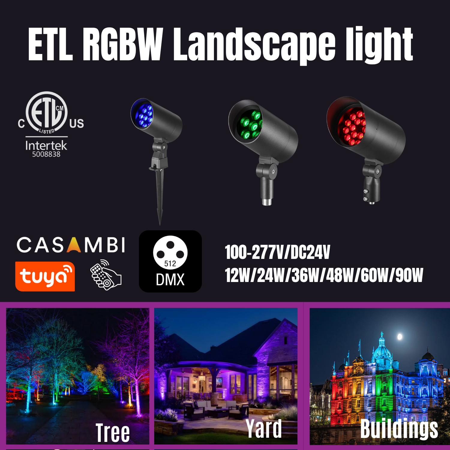 48W ETL Listed IP66 RGBW LED Landscape Flood Light