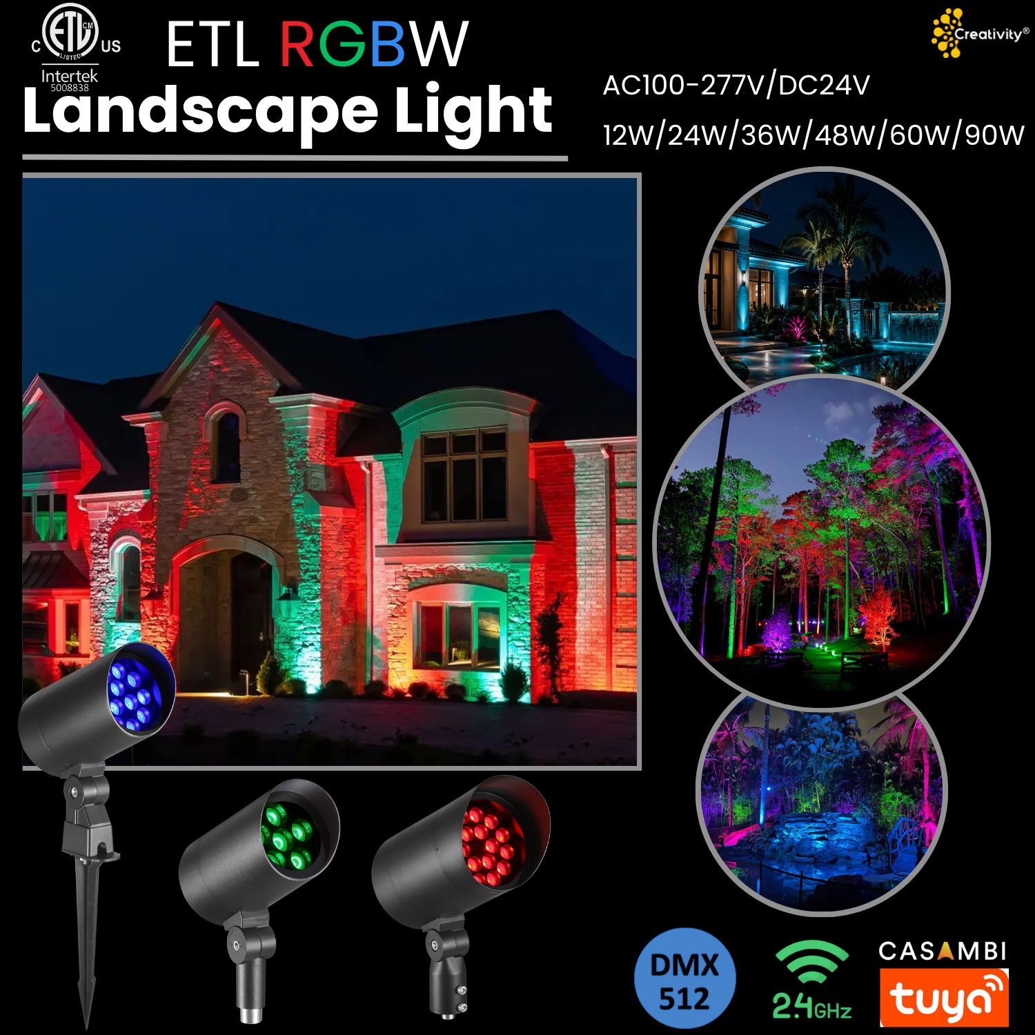 90W ETL Listed IP66 RGBW LED Landscape Flood Light