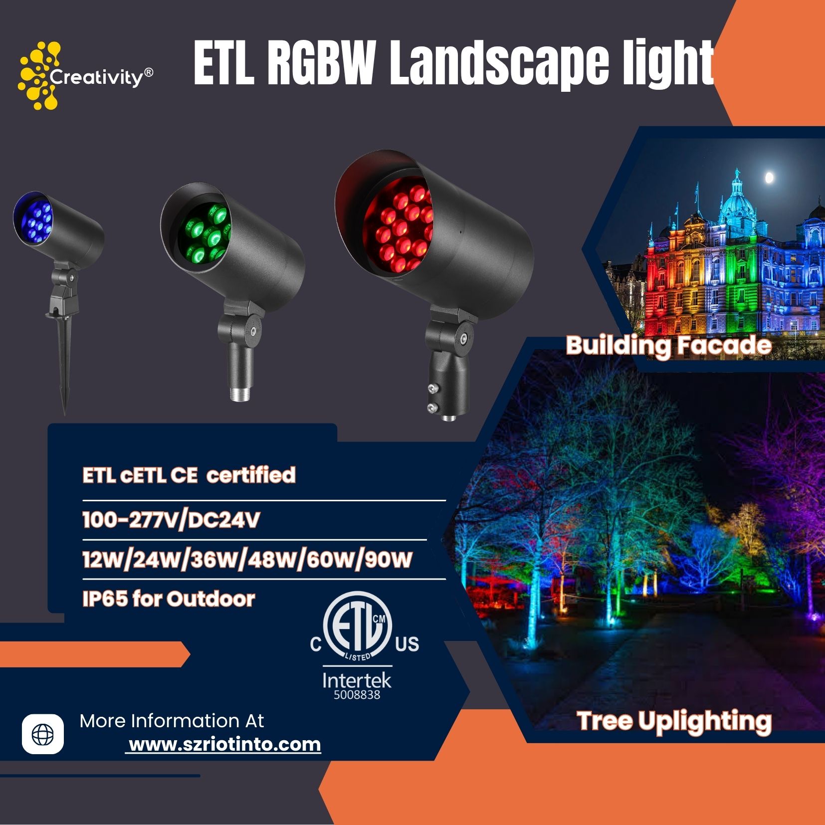 36W ETL Listed IP66 RGBW LED Landscape Flood Light